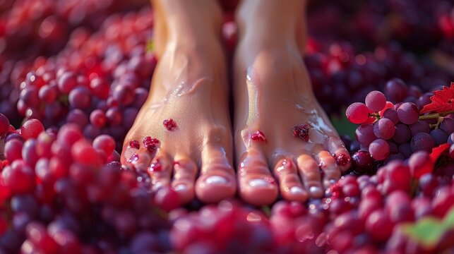 Woman Crushing Red Grapes with Feet for Traditional Wine Making