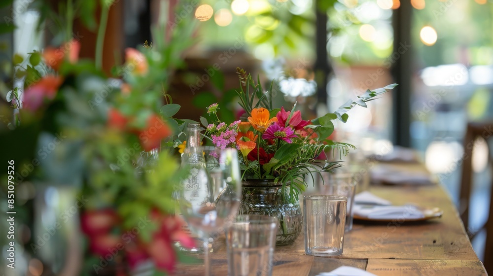 Poster a close-up view of a vibrant floral centerpiece on a rustic wooden table, with blurred greenery and 