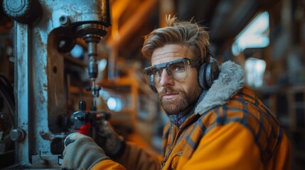 Focused Woodworker Wearing Noise-Canceling Ear Muffs Using Drill Press in Workshop