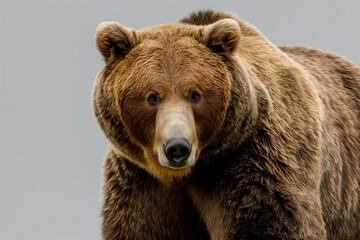 Head shot of brown bear looking at the camera on a gray studio background
