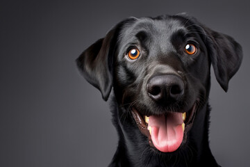 Head shot of a black labrador retriever dog looking at the camera on a gray studio background