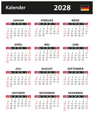 2028 Calendar - vector stock illustration. Germany, German version | Kalender 2028 - Vektorgrafik. Deutschland, deutsche Version	
