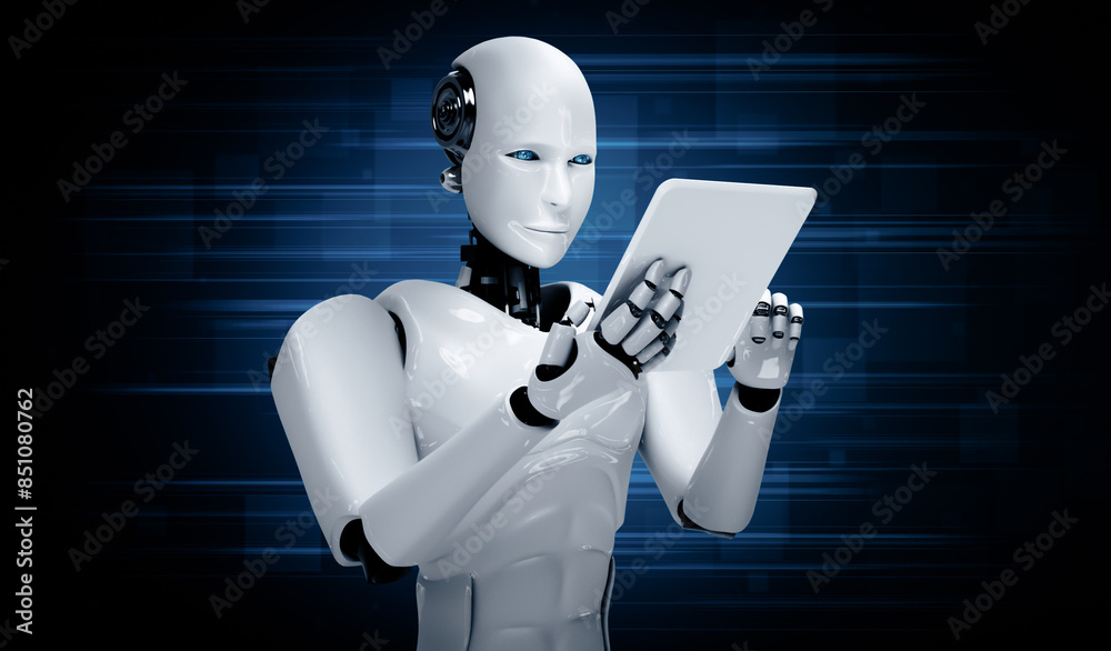 Poster mlp 3d illustration robot humanoid using tablet computer in future office while using ai thinking br