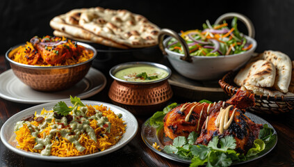Obraz premium Indian food chicken and rice on table. Created with Ai