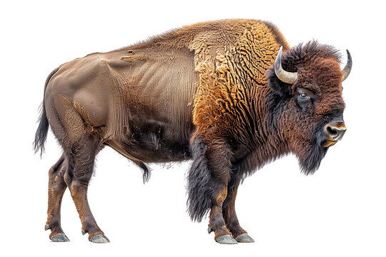 View from side of bison isolated on white background, transparent background