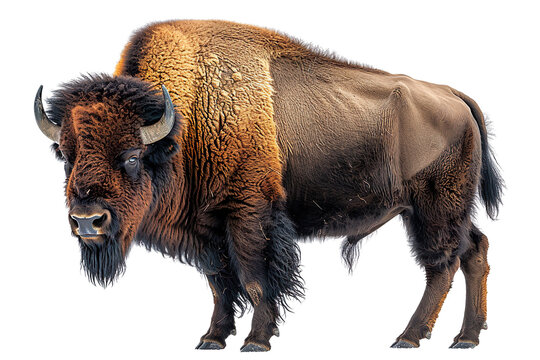 View from side of bison isolated on white background, transparent background
