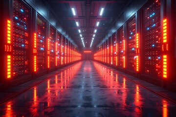 An industrial mining center with numerous rows of computers and servers performing cryptocurrency mining. Bright light trails emanate from the servers, symbolizing data flows