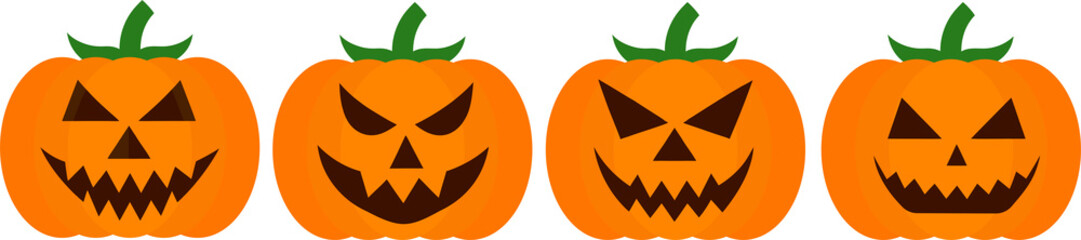 Collection of Jack-O'-Lanterns Halloween Pumpkins with Carved Evil Faces | Isolated on Transparent BG