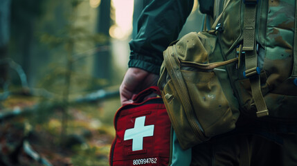 A hiker is taking a first aid kit out of their backpack in the forest, with a closeup on the bag showing a white cross symbol