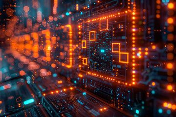 Obraz premium a complex blockchain network with bright interconnected blocks. In the foreground, a group of programmers working on code, with monitors displaying blockchain structures