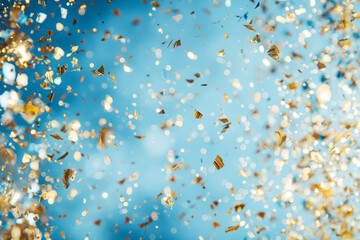 Gold confetti flies on blue background, abstract blurred background for Christmas celebration