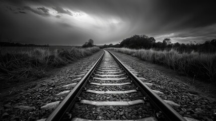 Obraz premium Monochrome image of winding train tracks vanishing in the distance