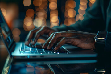 Hands typing on a laptop with bokeh lights in the background, creating a focused yet festive atmosphere.