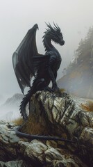 Black dragon perched on a rock overlooking a misty mountain landscape
