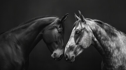 Two horses touching noses in black and white fine art portrait