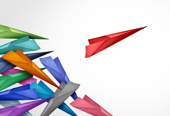 Breaking Away from the Competition with a Competitive advantage as a paper airplane focused on a direction to success seperating from confused competitors.