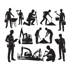 Construction workers wearing uniforms and standing silhouette bundles. Men bricklayers with anonymous faces. Male Mason silhouette on a white background. Male bricklayer silhouette collection.