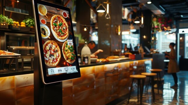 A digital menu display showcasing different types of pizza in a restaurant setting. The display is positioned on a counter with bar stools and blurred background activity.