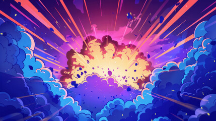 comic book style cartoon illustration of an explosion with blue and purple clouds, center composition, wide angle