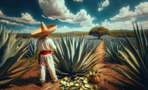 Indigenous Mexican rancher man with traditional hat working harvesting blue agave plant to produce tequila beautiful jalisco mexico landscape