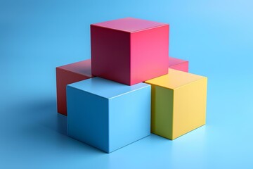 Four 3D cubes of different colors stacked on top of each other against a blue background