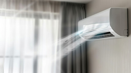 The air conditioner is on the wall and air is coming out of it. Waves of fresh clean air,  filtration effect.