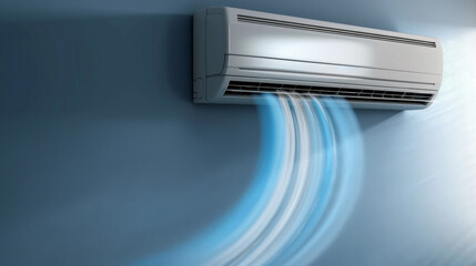 The air conditioner is on the wall and air is coming out of it. Blue waves of fresh clean air,  filtration effect.