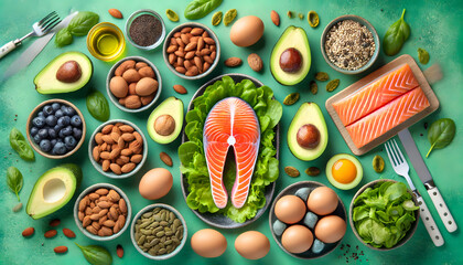 Keto diet concept - salmon, avocado, eggs, nuts and seeds, bright green background, top view