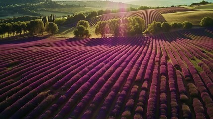 Fototapeta premium Aerial view of a lavender field in Provence: Expansive lavender field in full bloom in Provence, France, seen from above.