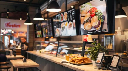 A modern fast food restaurant with a clean counter displaying burger and fry photos. Customers stand in line or sit at tables in a clean, digital menu.