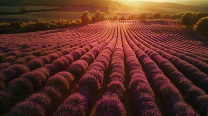 Fototapeta premium Aerial view of a lavender field in Provence: Expansive lavender field in full bloom in Provence, France, seen from above.