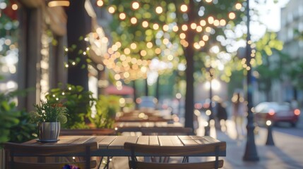 An empty outdoor cafe table with a potted plant sits in front of a bustling city street. The street is lit with string lights and the evening sun casts a warm glow.