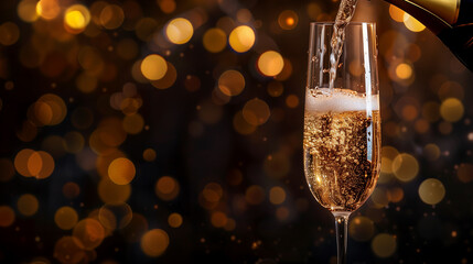 Photo of a glass on a dark background in which champagne is poured from a bottle, the concept of a traditional celebration and special events and dates