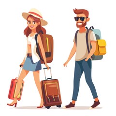 Charming travel tales: captivating cartoon illustrations depict tourists with suitcases as they embark on exciting vacations, experiencing new cultures, sights, and unforgettable moments.