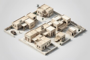 Top down view of a few houses in a sandy area