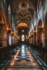 Obraz premium The interior of a grand church with ornate columns and a vaulted ceiling