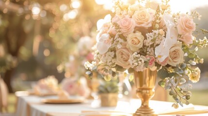 A golden vase filled with delicate pink and white flowers sits on a table outdoors. The table is set for a special occasion, and the flowers add a touch of elegance to the scene.