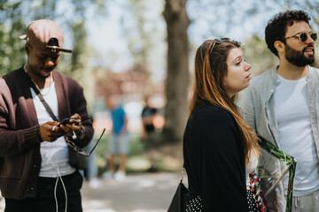 A diverse group of three friends revels in their weekend leisure time at an urban park, showcasing...