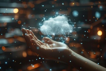 Hand Holding a Digital Cloud with Japanese Text