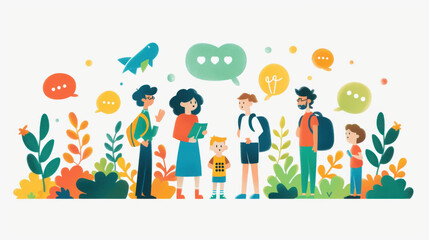 Fototapeta premium Illustration of a family engaging in conversation, surrounded by speech bubbles and nature, representing communication and connection.