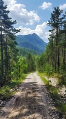Fototapeta premium Dirt Road Through Lush Green Forest with Mountain View