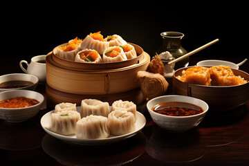 A delectable assortment of dim sum, beautifully presented in a bamboo steamer, accompanied by various dipping sauces. The image captures the essence of a fine dining experience,