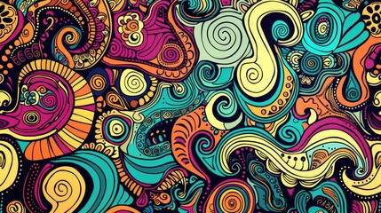 Obraz premium 2d of ethnic colorful doodle texture with a seamless calming pattern reminiscent of Mehndi designs set against a backdrop of curved doodles