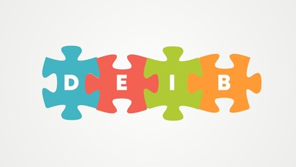 Diversity, Equity, Inclusion, Belonging Concept Puzzle. Foundational Elements of DEIB. For Organizations, Communities, and Societies. Isolated on gray gradation background. 