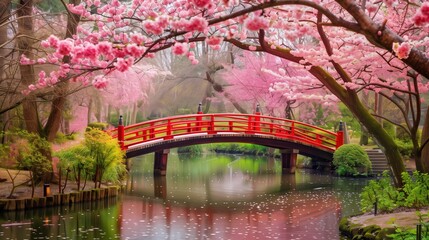 Obraz premium The scene is serene and peaceful, with the water reflecting the pink flowers