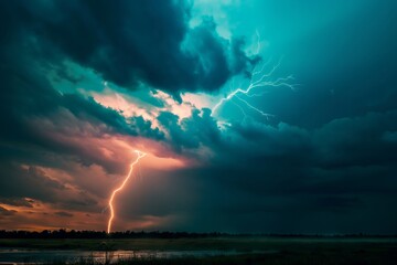 Dramatic image capturing an intense lightning bolt piercing through the stormy sky at twilight, showcasing nature's raw power and beauty