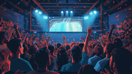 Energetic crowd in a sports bar cheering while watching a football match on a large screen.