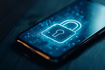 Abstract image featuring a glowing padlock symbol on a smartphone screen, illustrating concepts of digital security and data protection