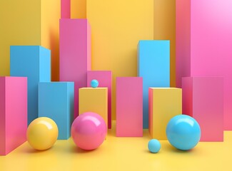 Abstract Geometric Shapes  Background with Colorful Cubes and Spheres
