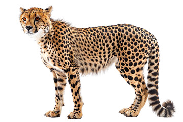 View from side of cheetah isolated on white background, transparent background